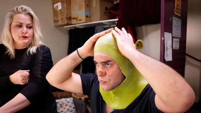 The headwear is the first piece of prosthetics to be applied. Picture: Mark Stewart