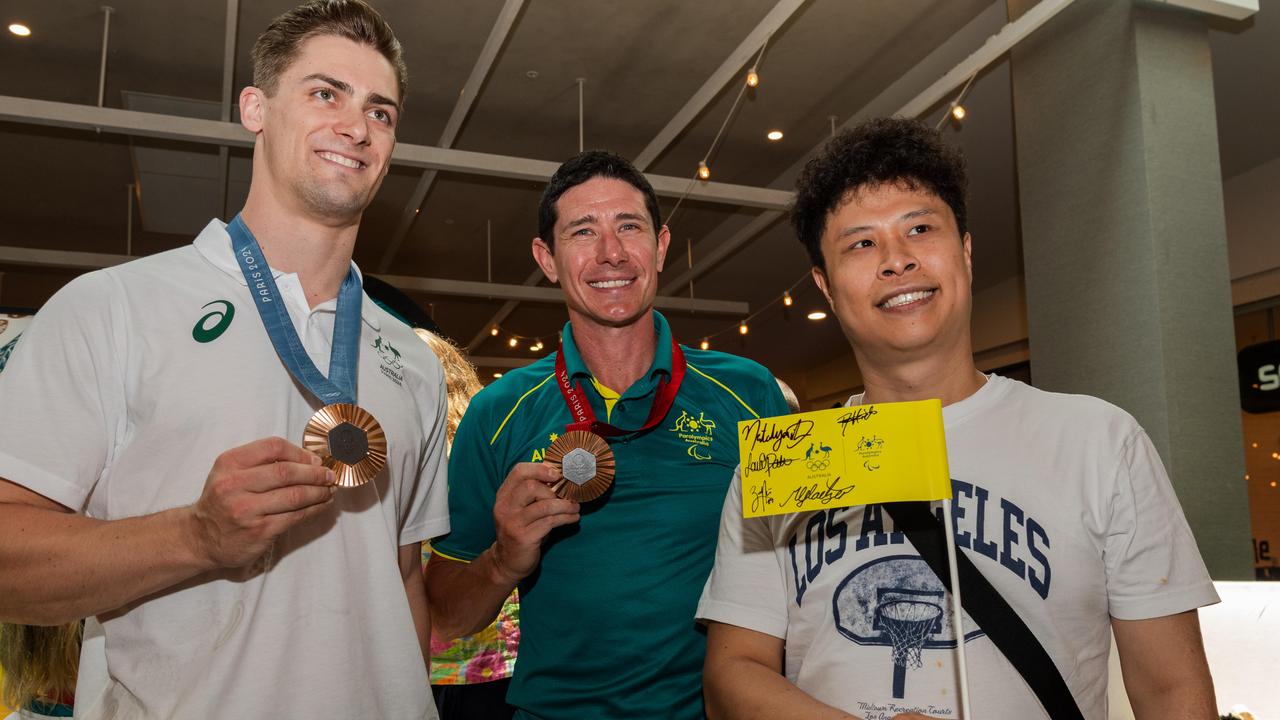 Matthew Glaetzer, Darren Hicks with fans at the Olympic and Paralympic teams Welcome Home Celebrations at Casuarina shopping centre, Darwin, Oct 2024. Picture: Pema Tamang Pakhrin