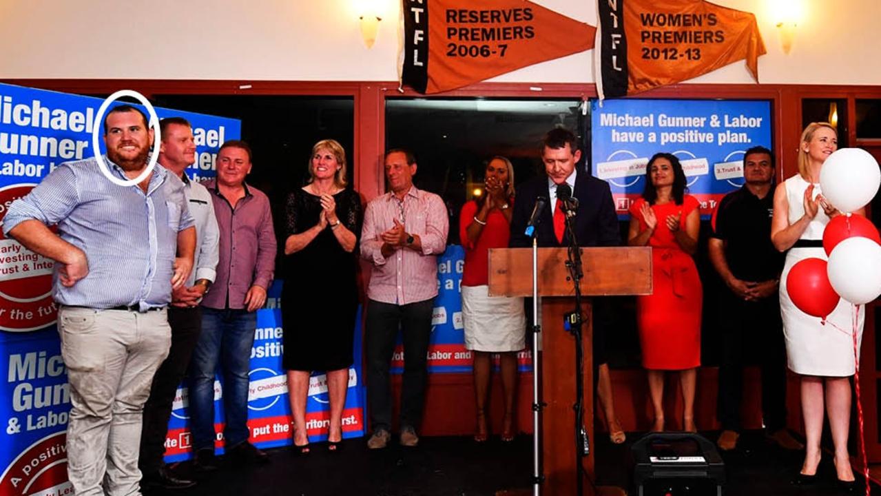 Kent Rowe, circled far left, was the former secretary of the NT Labor Party. Seen here as leader Michael Gunner gives his first speech as the new Chief Minister. Picture: Ivan Rachman