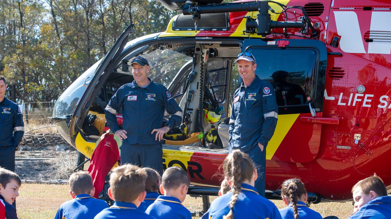 Mount Whitestone State School students with Beach to Bush surf life savers, and the Westpac helicopter team. PHOTO: ALI KUCHEL