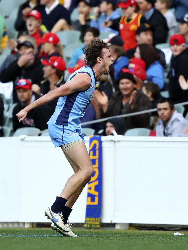 Jarrod Lienert celebrates a goal in Sturt’s 2016 grand final win over Woodville West Torrens. Picture: Sarah Reed