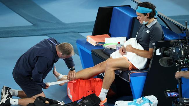 Milos Raonic took a medical time-out against Novak Djokovic. Picture: AFP Images