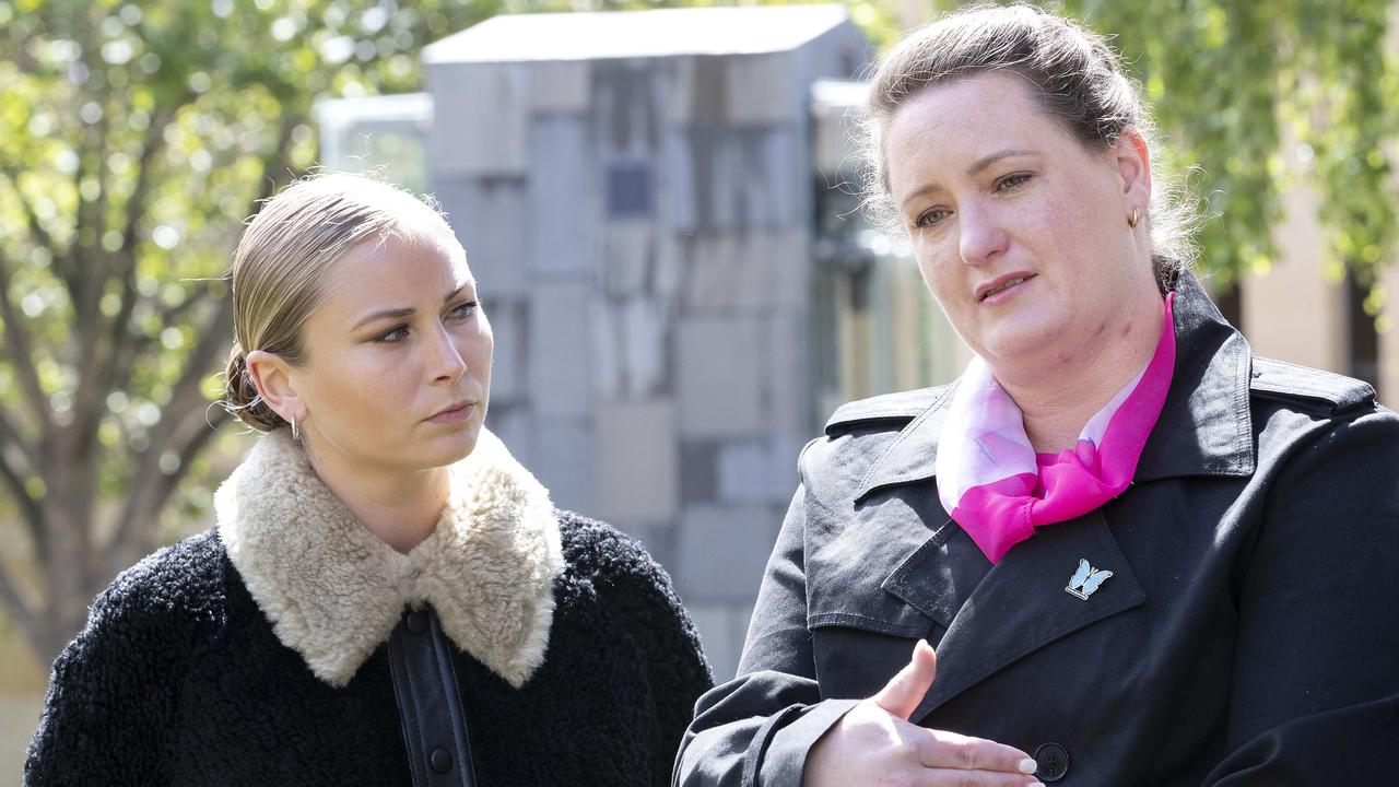 Grace Tame and Katrina Munting outside the Supreme Court of Tasmania, Hobart in 2021. Picture: Chris Kidd.