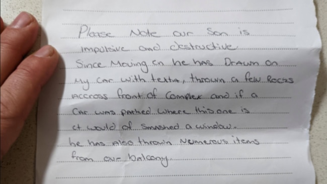 Neighbours shared the handwritten note they found on their car from the parents of "destructive" son. Source: Reddit