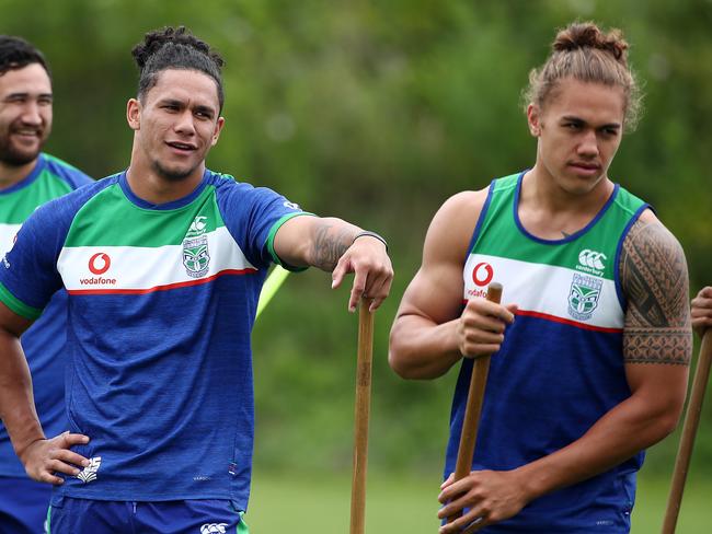 AUCKLAND, NEW ZEALAND - DECEMBER 10: Hayze Perham (CL) waits with Chanel Harris-Tavita (CR) during a New Zealand Warriors NRL media opportunity at Mount Smart Stadium on December 10, 2018 in Auckland, New Zealand. (Photo by Fiona Goodall/Getty Images)