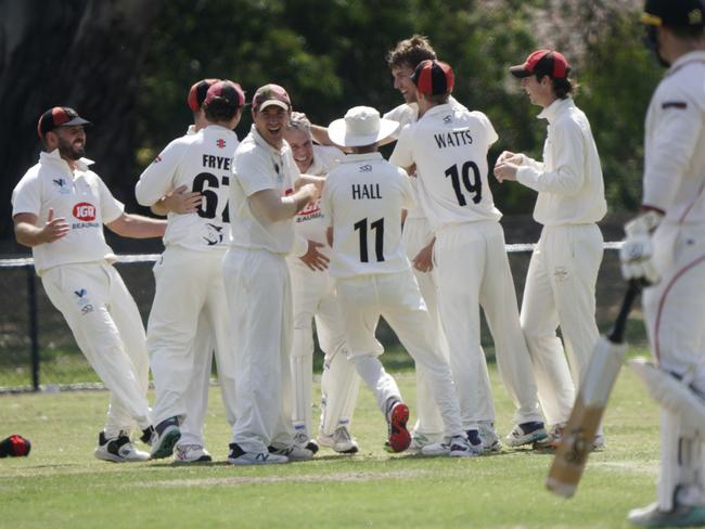 Cricket Southern Bayside preliminary final: South Caulfield v Beaumaris. Beaumaris players celebrate the wicket of  South Caulfield batter Callum Nankervis.  Picture: Valeriu Campan