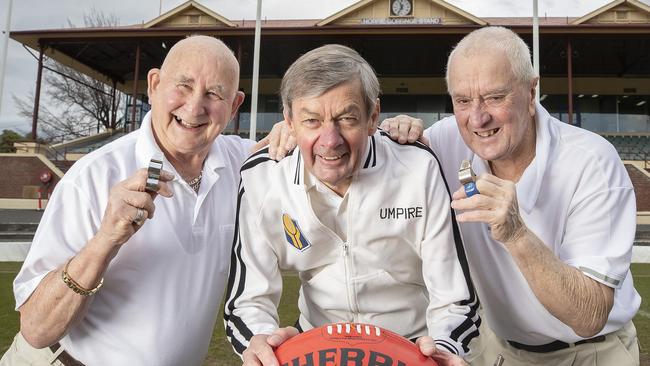 Umpires Blast From The Past, Les Manson, Haydyn Nielsen and Biddy Badenach at North Hobart Oval. Picture: Chris Kidd