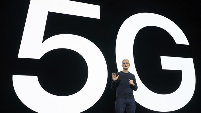 Apple CEO Tim Cook speaks about 5G during an Apple event. Picture: AFP