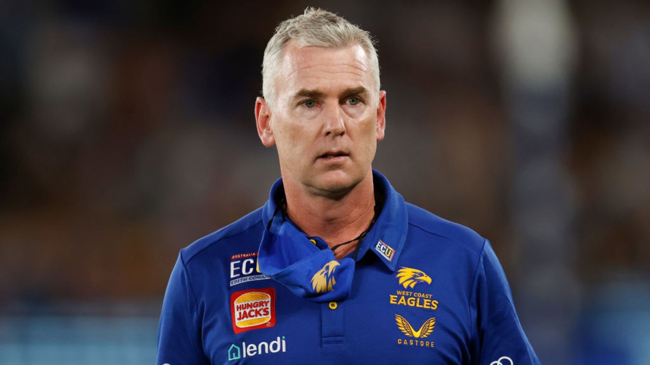 MELBOURNE, AUSTRALIA - MARCH 27: Adam Simpson, Senior Coach of the Eagles looks on during the 2022 AFL Round 02 match between the North Melbourne Kangaroos and the West Coast Eagles at Marvel Stadium on March 27, 2022 In Melbourne, Australia. (Photo by Michael WillsonAFL Photos)