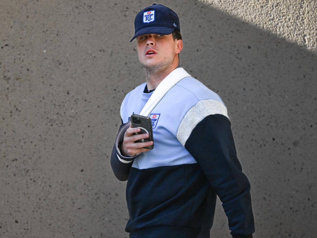 A wounded Mitchell Moses leaves the Blues’ team hotel on Thursday. Picture: Dan Peled / NewsWire