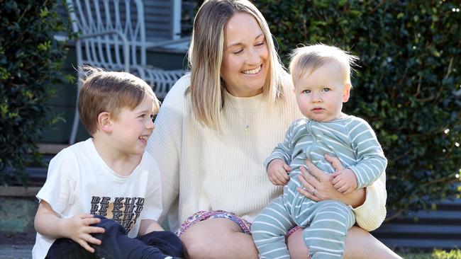 Central Coast mum, Rowena Davies, 35, and her two sons, Noah, 4, and Van, 10 months, who are up to date with their vaccinations. Picture: David Swift