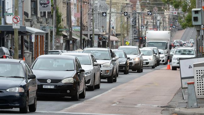 Traffic queuing on Johnston St, Collingwood. Picture: Lawrence Pinder