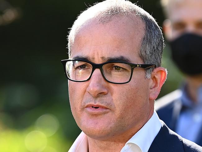 MELBOURNE, AUSTRALIA - MAY 31: Victorian Deputy Premier James Merlino speaks to the media during a press conference on May 31, 2021 in Melbourne, Australia. Lockdown restrictions remain in place across Victoria in response to a growing COVID-19 cluster in Melbourne's northern suburbs. During the seven-day "circuit-breaker" lockdown residents can only leave home for five reasons: care and caregiving, exercise, work and to buy groceries, or to get vaccinated. The lockdown is effective from 11:59 pm Thursday 27 May to 11:59 pm Thursday 3 June 2021. (Photo by Quinn Rooney/Getty Images)