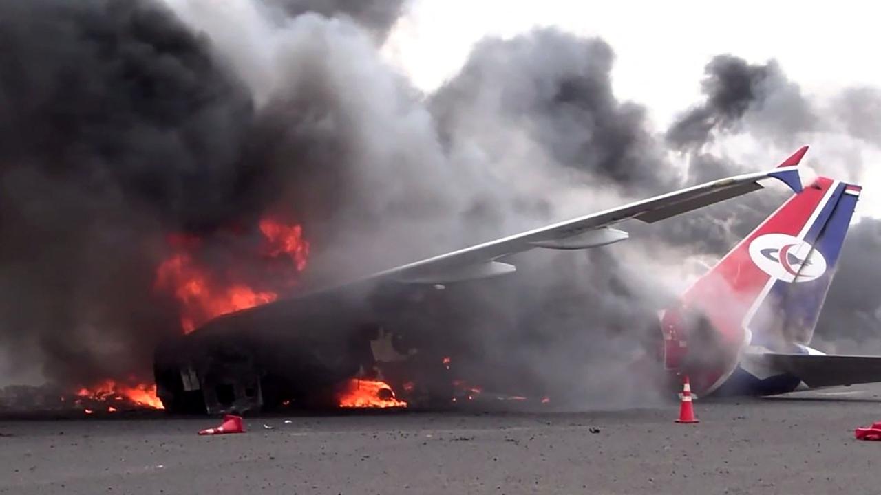This picture released by the Houthi-affiliated branch of the Yemeni News Agency SABA on May 6, 2025, shows a burning aeroplane at Sanaa International Airport. Picture: SABA / AFP