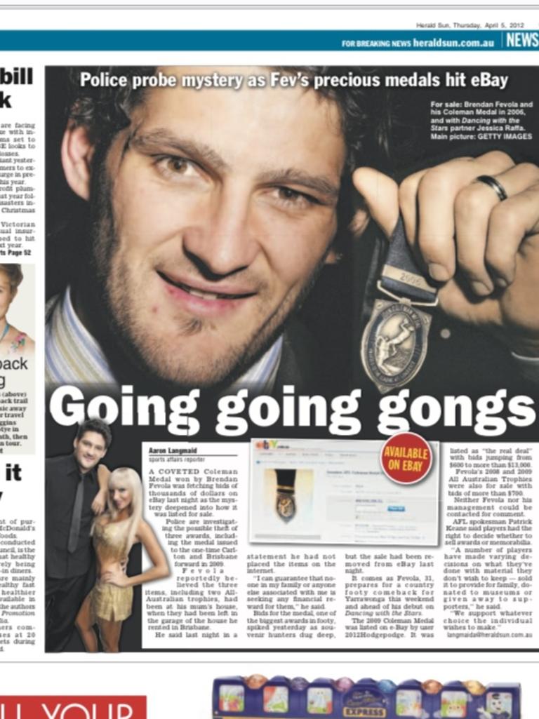 A Herald Sun story about Fevola's Coleman Medal being listed for sale on ebay in 2012. The story appeared in the Herald Sun on April 5, 2012. Picture: Supplied.