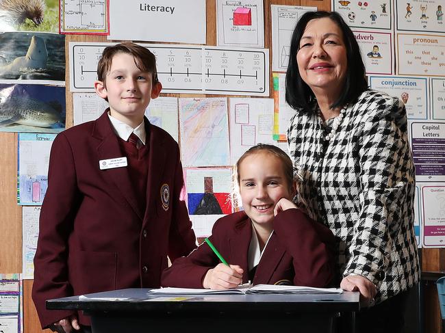 Principal Wendy Ruback with students Archie Blunt 12 in grade 6 and Chasely Kingshott 9 in grade 4.  Eastside Lutheran College at Warrane.  Picture: NIKKI DAVIS-JONES