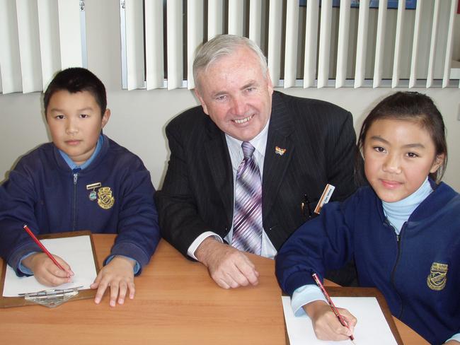 Dr Daniel White with Our Lady of the Rosary School School Captains Jonathon Lam and Erin Tang. Picture: Supplied