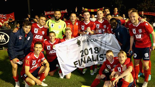 Adelaide United celebrate their FFA Cup semi-final win against Bentleigh Greens SC. Picture: Robert Prezioso/Getty Images