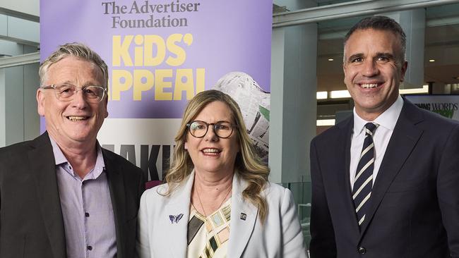 The Advertiser Foundation Kids Appeal in Adelaide, Monday, Sept. 2, 2024. Chair of the Advertiser Foundation Melvin Mansell , Chairman Herald & Weekly Times Penny Fowler and Premier Peter Malinauskas . Picture: Matt Loxton