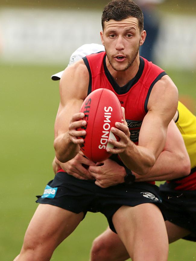 Sam Menegola at Geelong training. Picture: Alison Wynd