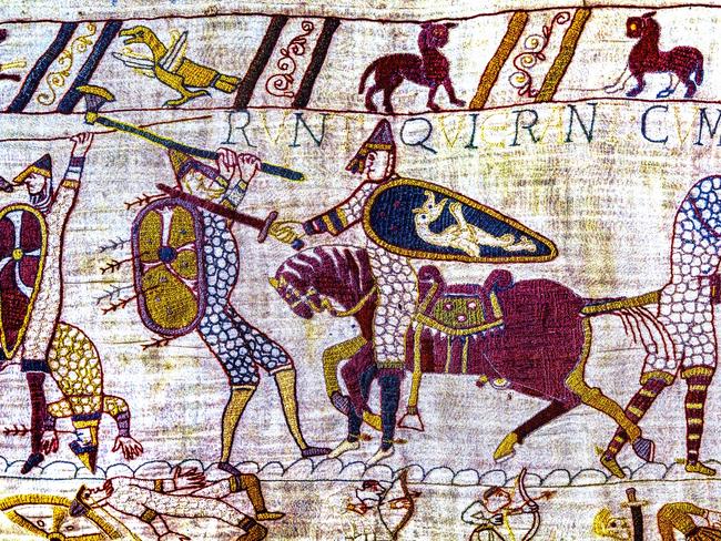 EMBARGO FOR TWAM, 25 JANUARY 2025. FEE MAY APPLY. Colorful Medieval Bayeux Tapestry Bayeux Normandy France. Created 11th century right after Battle Hastings 1066 AD showing Norman Conquest England. Shows Battle and deaths in lower panel