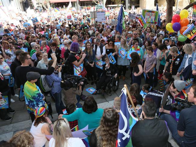 About 5000 people rallied in Adelaide’s CBD in support of same-sex marriage. Picture: AAP/Emma Brasier