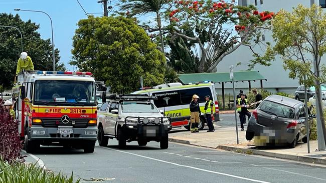 Emergency crews on scene after a car crashed into a tree off Brisbane St in the Mackay CBD. Picture: Janessa Ekert