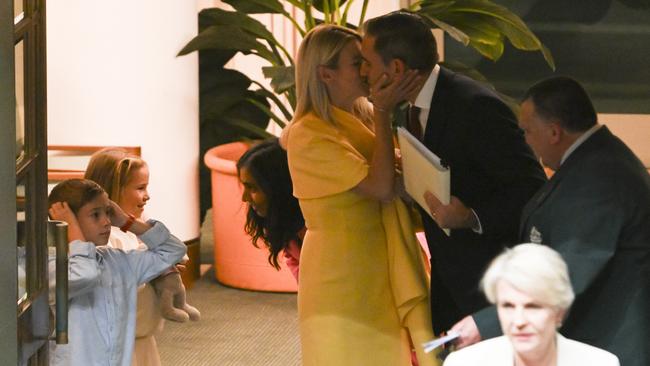 Laura Chalmers and children and Federal Treasurer Jim Chalmers on Budget night at Parliament House in Canberra. Picture: NCA NewsWire / Martin Ollman