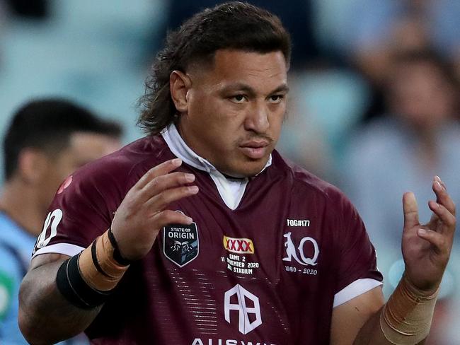 SYDNEY, AUSTRALIA - NOVEMBER 11: Josh Papalii of the Maroons reacts during game two of the 2020 State of Origin series between the New South Wales Blues and the Queensland Maroons at ANZ Stadium on November 11, 2020 in Sydney, Australia. (Photo by Cameron Spencer/Getty Images)