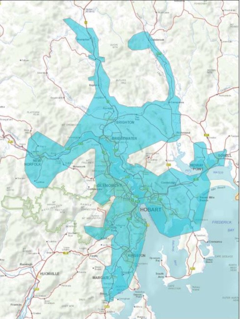 A map of Hobart and surrounding areas showing where water restrictions will apply from December 14.