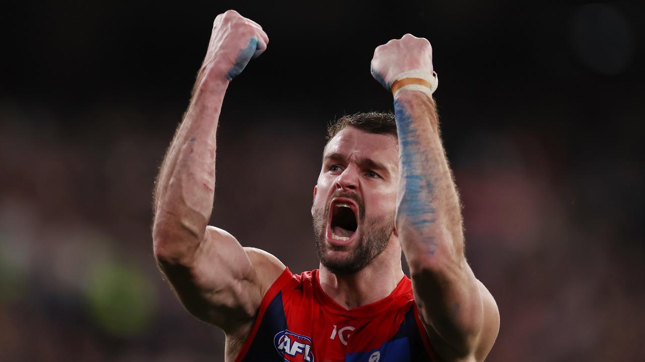 Joel Smith celebrates a goal in the semi final match between Melbourne and Carlton in 2023. Photo by Michael Klein.