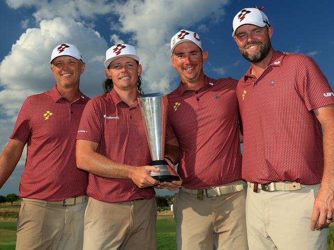 Australian Ripper GC team’s Cameron Smith, Lucas Herbert (2nd from L), Marc Leishman (L) and Matt Jones (R) after winning the 2024 LIV Golf Team title. Picture: David Cannon/Getty Images