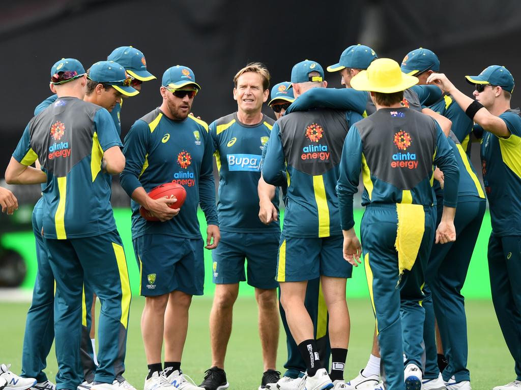 Australian Mens ODI player Aaron Finch (centre) during a training session at the SCG. Picture: AAP