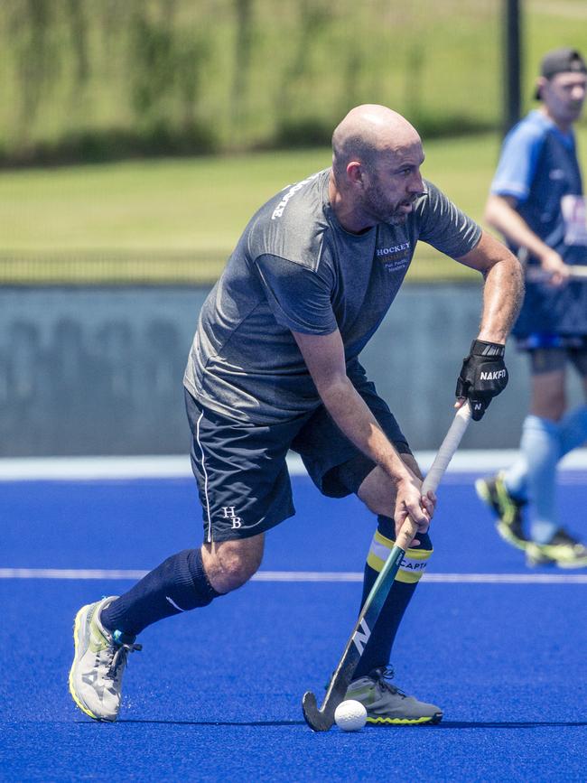 Action in the Pan Pacific Masters Games Hockey tournament. Picture: Glenn Campbell