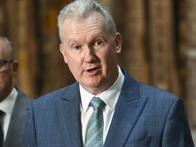 CANBERRA, AUSTRALIA - APRIL 5: Prime Minister of Australia Anthony Albanese, Senator Katy Gallagher and Minister for the Arts Tony Burke address the media during a visit to the National Gallery of Australia in Canberra. Picture: NCA NewsWire / Martin Ollman