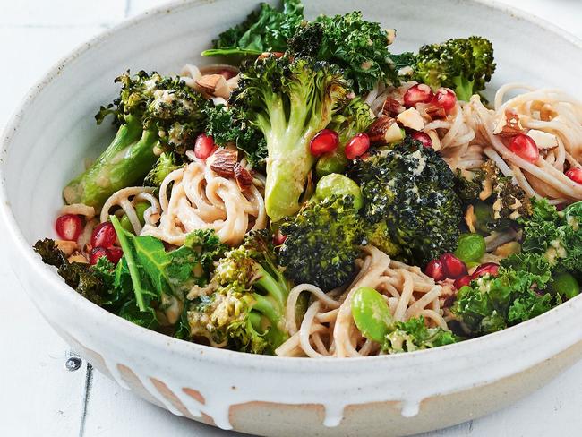 Roasted broccoli and noodle salad with sesame dressing.