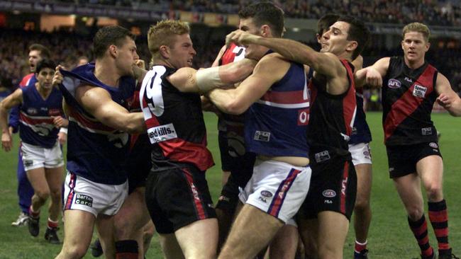 A huge brawl erupted between the Bulldogs and Bombers at halftime.