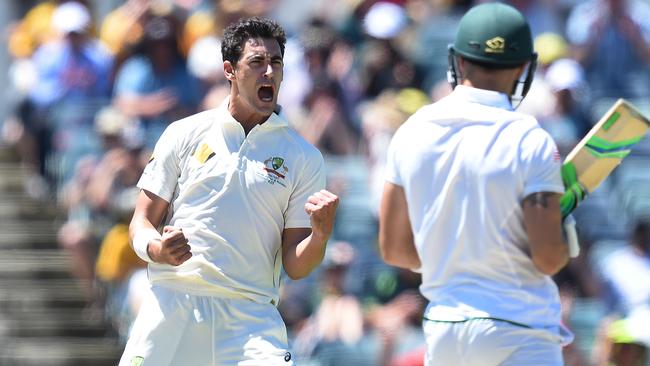 Mitchell Starc celebrates the wicket of South African captain Faf du Plessis.