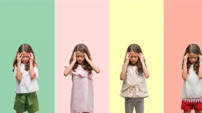 Collage of brunette hispanic girl wearing different outfits with hand on head for pain in head because stress. Suffering migraine.