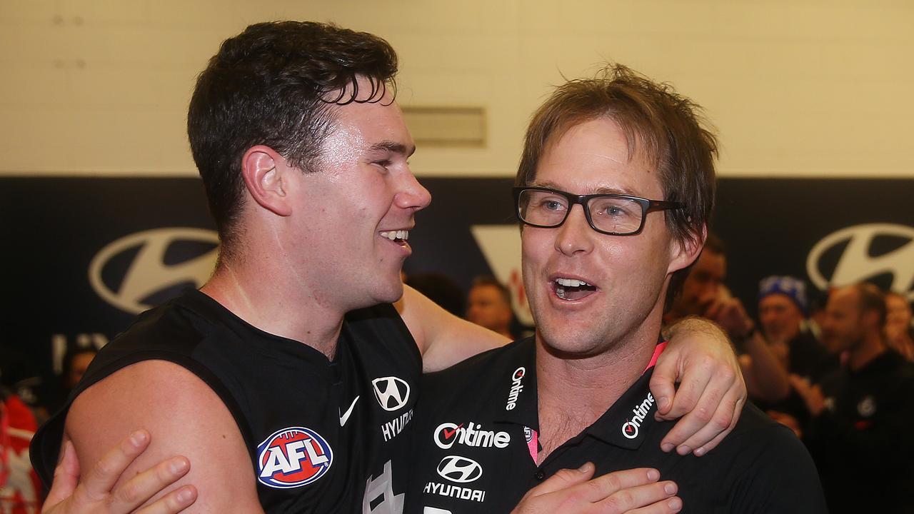 AFL Round 12. 08/06/2019. Carlton v Brisbane Lions at Marvel Stadium, Melbourne. Interim coach David Teague gets a hug of Mitch McGovern   .  Pic: Michael Klein