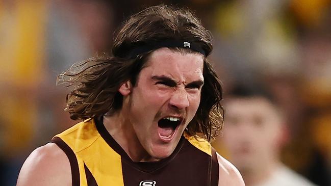 MELBOURNE, AUSTRALIA - August 5 , 2023. AFL .        Jai Newcombe of the Hawks celebrates a 4th quarter goal during the round 21 match between the Hawthorn and Collingwood at Marvel Stadium in Melbourne.   Photo by Michael Klein.