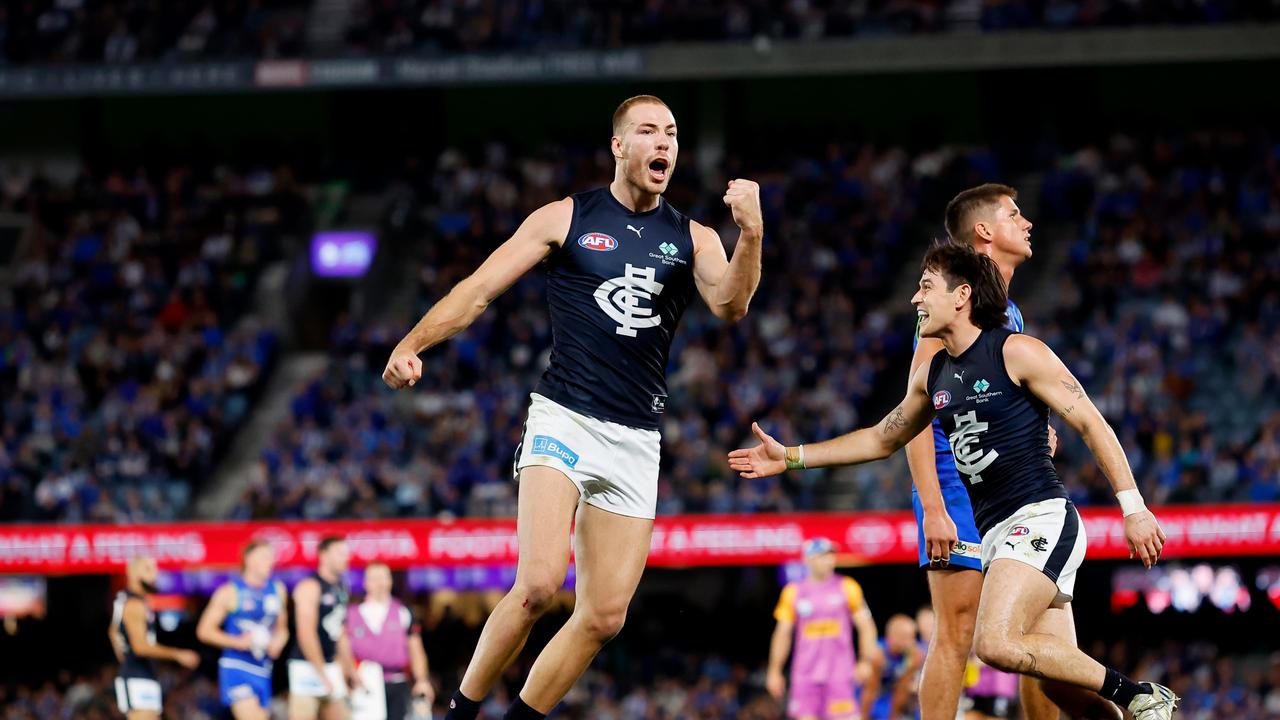 MELBOURNE – APRIL 07: Harry McKay of the Blues celebrates a goal during the 2023 AFL Round 04 match between the North Melbourne Kangaroos and the Carlton Blues at Marvel Stadium on April 7, 2023 in Melbourne, Australia. (Photo by Dylan Burns/AFL Photos via Getty Images)