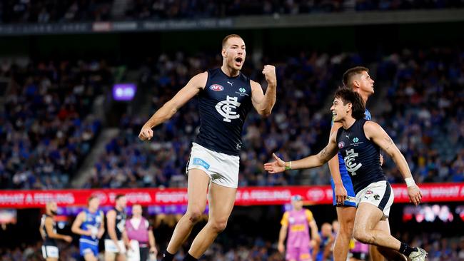 MELBOURNE – APRIL 07: Harry McKay of the Blues celebrates a goal during the 2023 AFL Round 04 match between the North Melbourne Kangaroos and the Carlton Blues at Marvel Stadium on April 7, 2023 in Melbourne, Australia. (Photo by Dylan Burns/AFL Photos via Getty Images)