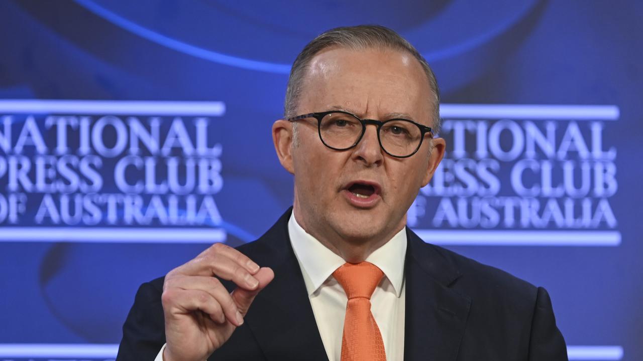 Prime Minister Anthony Albanese addresses the National Press Club in Canberra. Picture: NCA NewsWire / Martin Ollman