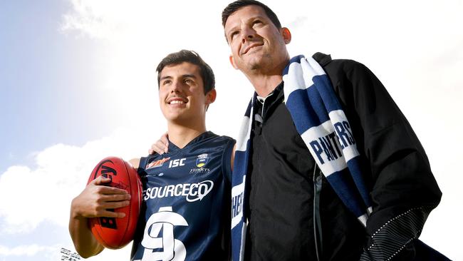 South Adelaide draft prospect Hayden Sampson with his dad Clay Sampson, a former AFL player and Crows premiership player. They are pictured at Hickenbotham Oval. Picture: Tricia Watkinson