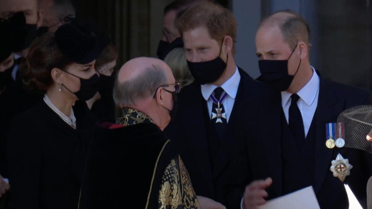 Kate, Harry and William and Kate after Prince Philip’s funeral. Picture: BBC