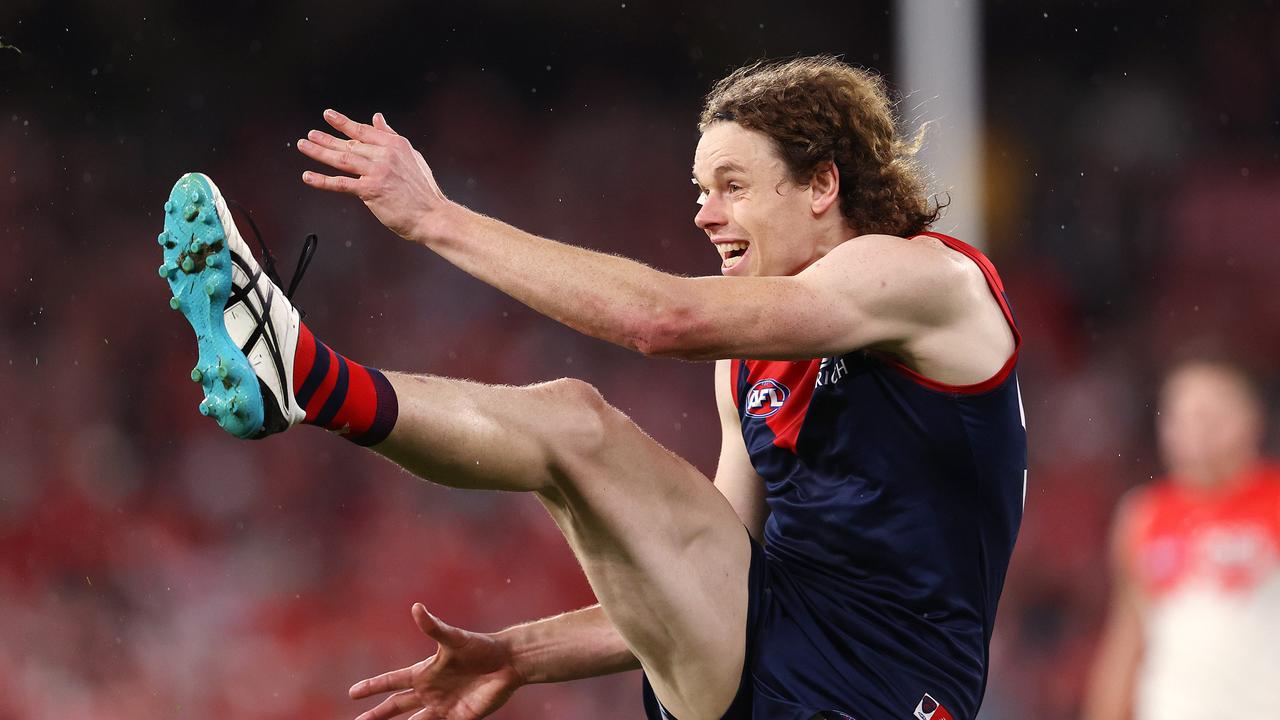 Ben Brown has endured a of the Demons kicks at goal during the 2nd qtr. . Pic: Michael Klein