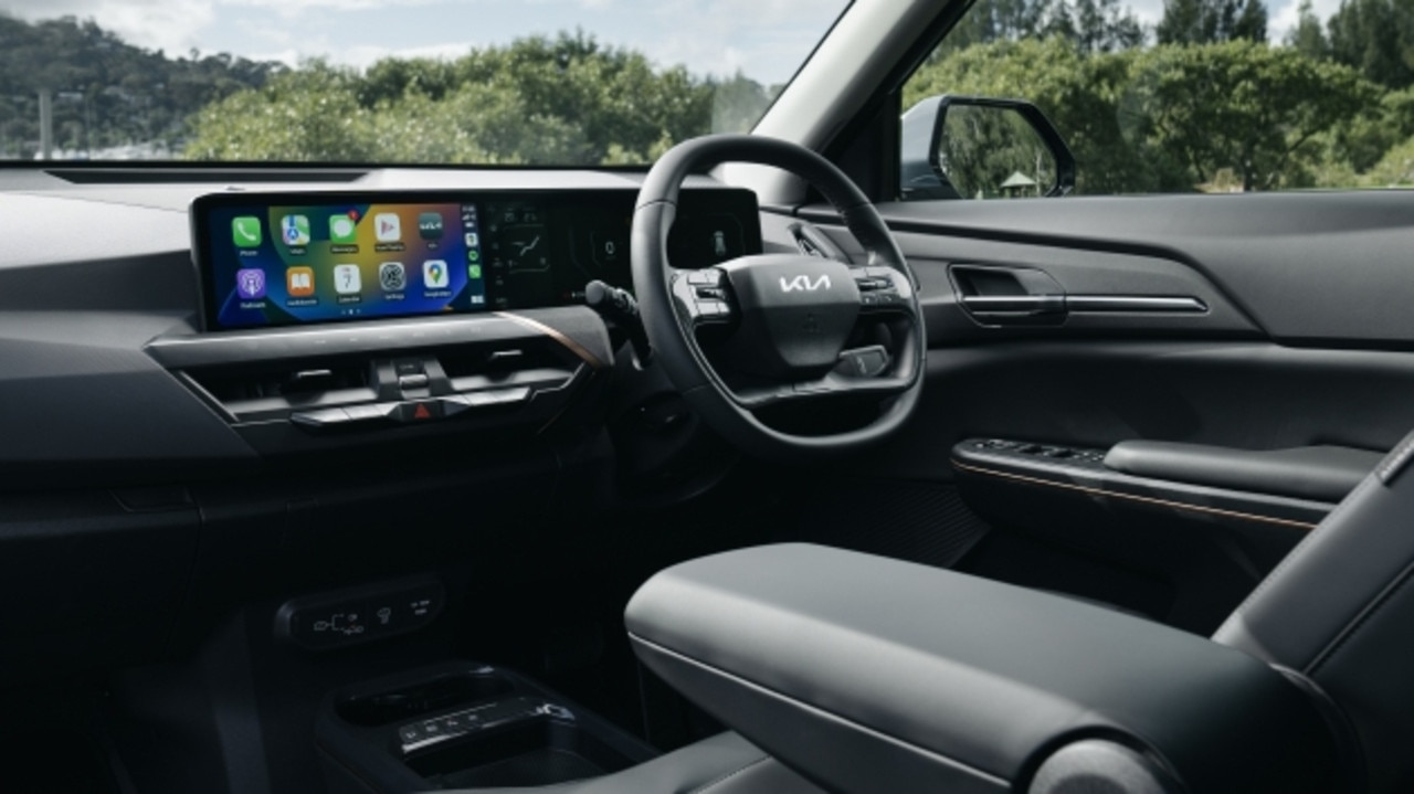 The Kia EV5 interior is sophisticated and sleek with a 12.3 inch display connected to a 5-inch bridging segment to create a panoramic display. Picture: Supplied