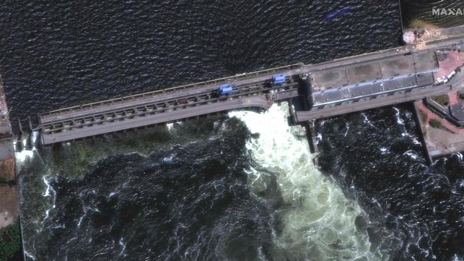 A closer view of the destroyed roadway and section of the Nova Khakovka dam. Picture: AFP/ Maxar