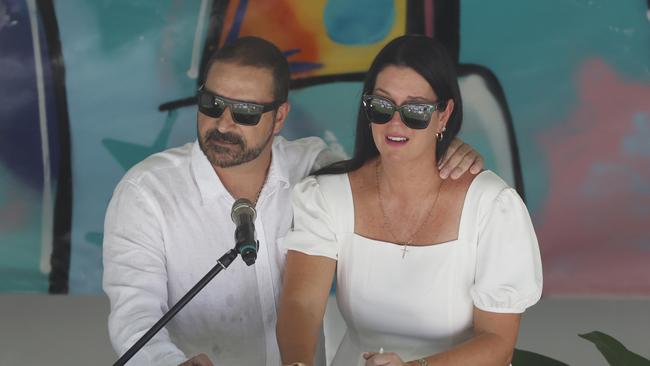 Michael and Kerri-Lyn Stewart at the funeral service for their son, 16 year old Balin Stewart at Sunshine Coast Stadium. Picture: Lachie Millard